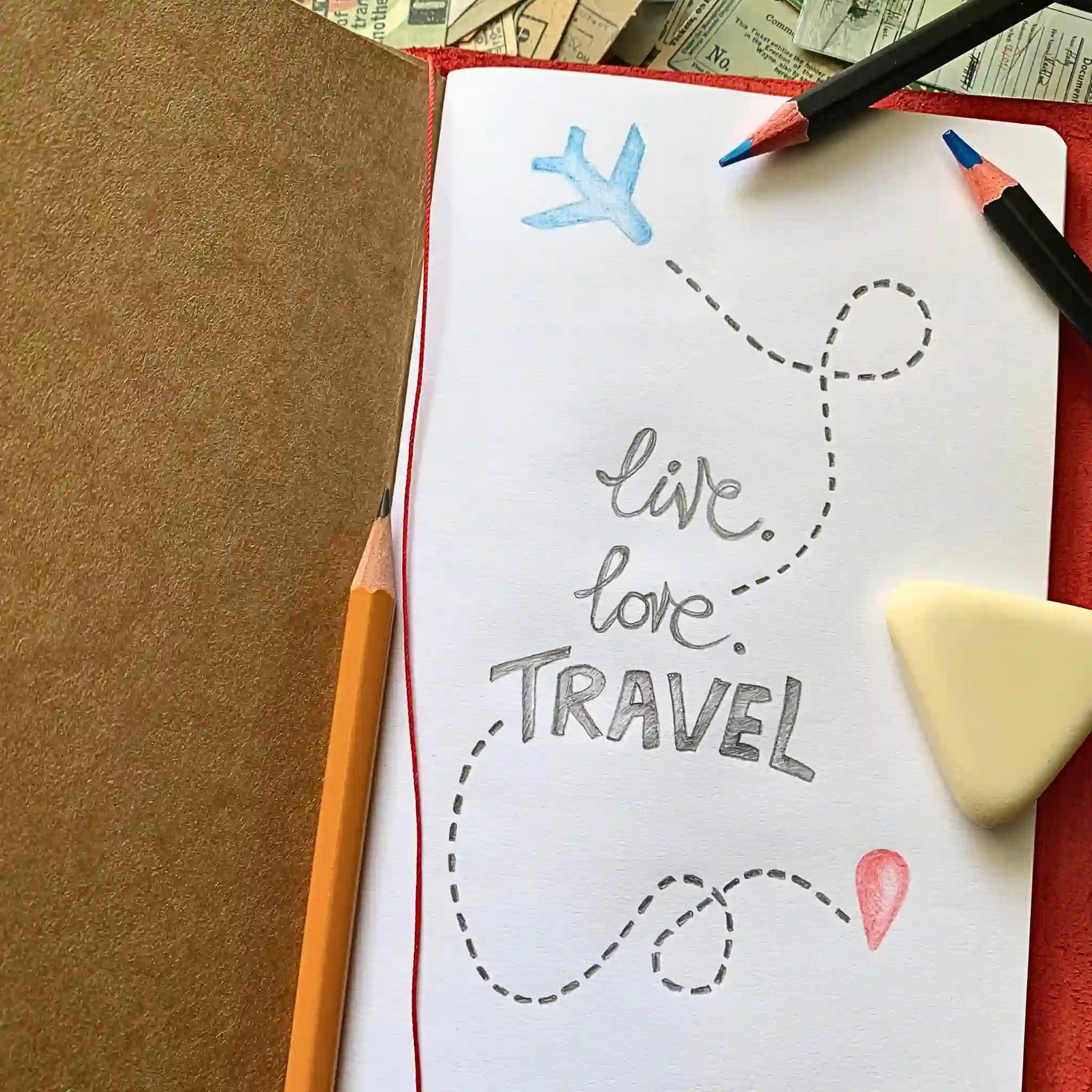Notebook page with handwritten words “Live, Love, Travel” and colored pencils beside it.